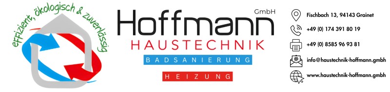 Das Bild zeigt das Logo und die Kontaktdaten der Hoffmann Haustechnik GmbH mit den Schwerpunkten Badsanierung und Heizung.