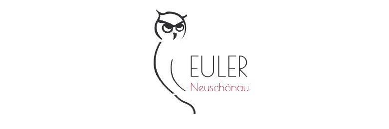 Das Logo zeigt eine stilisierte Eule in minimalistischer Linienzeichnung. Rechts daneben steht der Schriftzug „EULER“ in schwarzer, moderner Schrift, darunter in kleinerer roter Schrift das Wort „Neuschönau“. Das Design wirkt elegant und klar, mit Fokus auf Schlichtheit und Symbolik der Eule als Zeichen für Wissen und Klugheit.